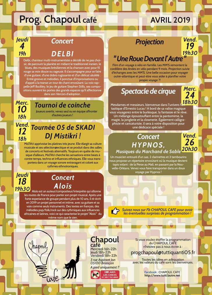 Programme avril 2019 du Chapoul Café